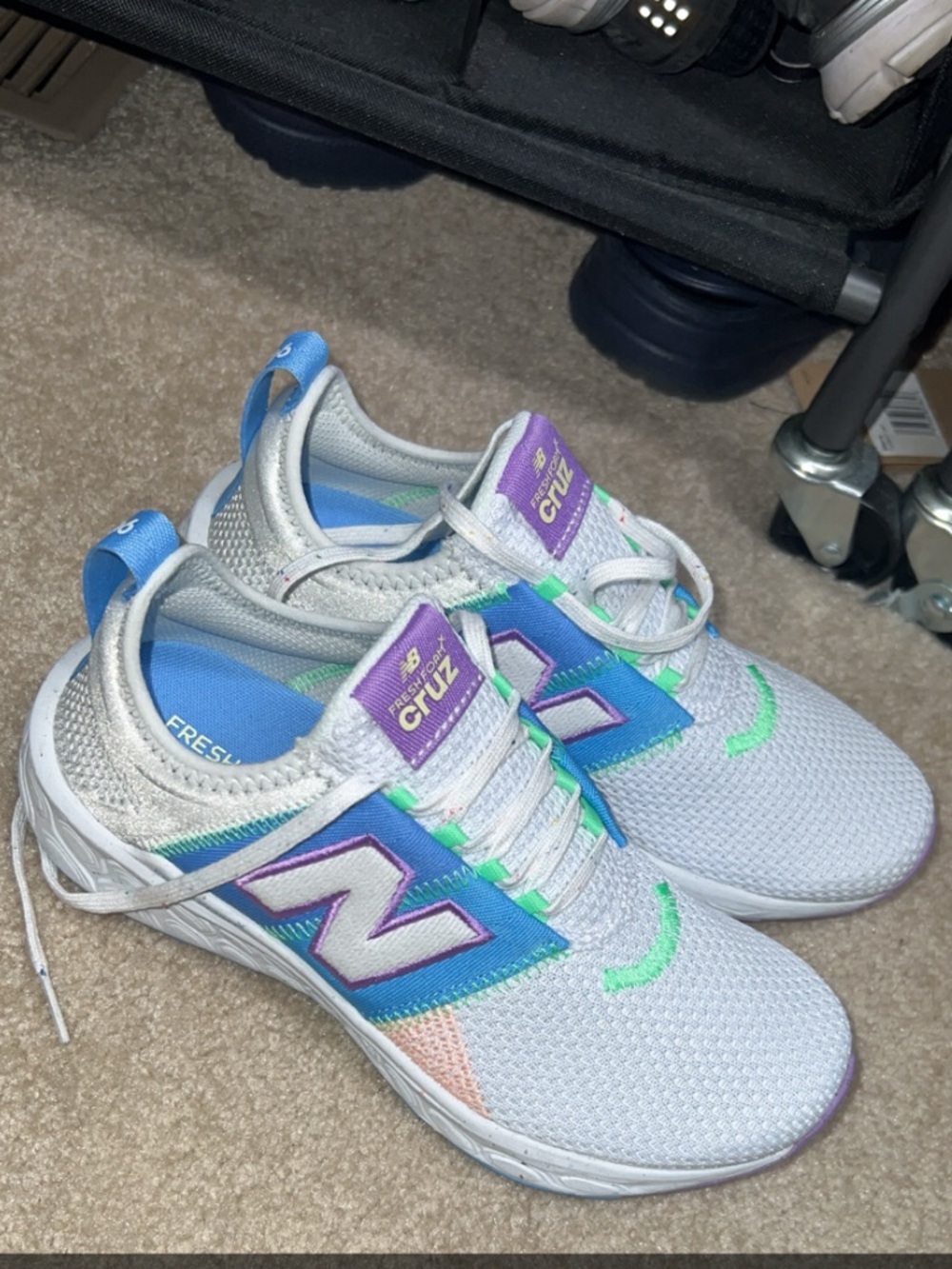 New Balance Cruz White Sneakers with Blue and Purple Accents